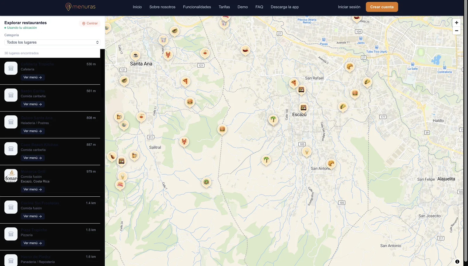 Mapa de descubrimiento de restaurantes cercanos en Menuras