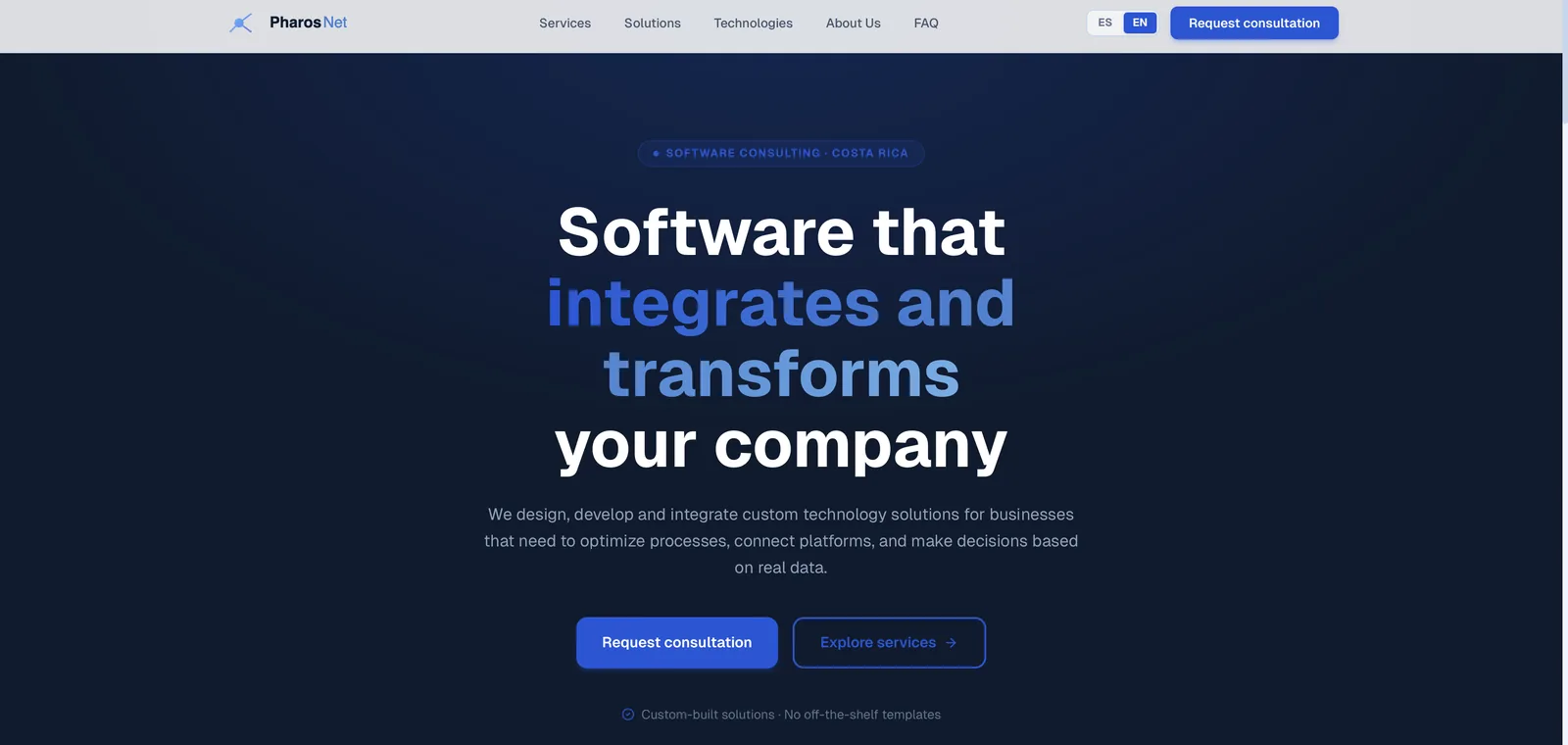 Página de inicio de PharosNet: consultoría de software para empresas en Costa Rica