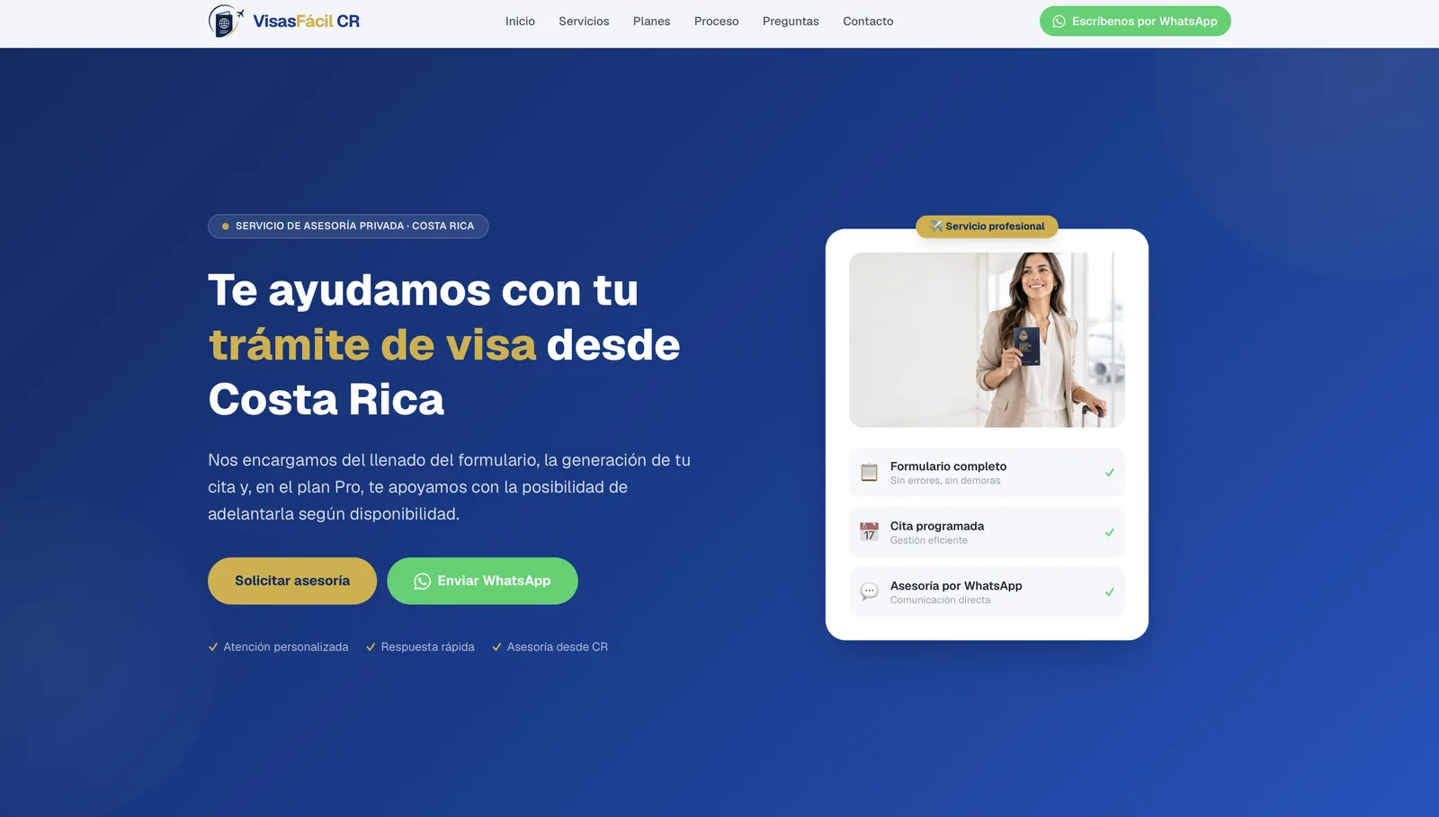 Página de inicio de Visas Fácil CR ofreciendo asesoría de visas a Estados Unidos