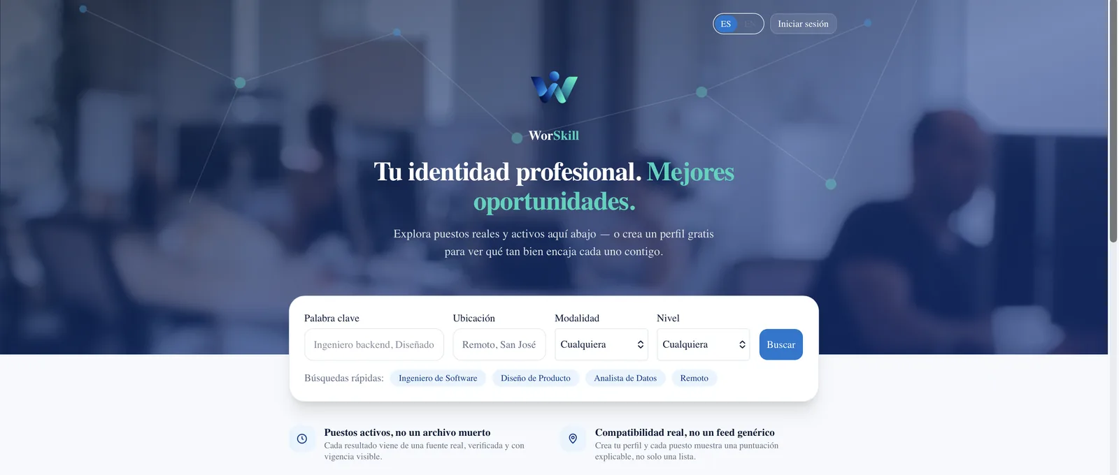 Página de inicio de Worskill con búsqueda de empleos y puntuación de coincidencia explicable